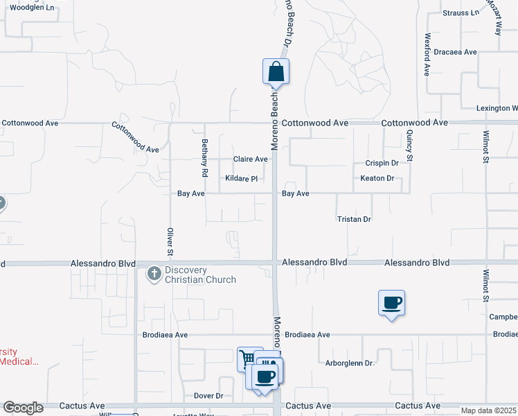 map of restaurants, bars, coffee shops, grocery stores, and more near 27943 Aidan Circle in Moreno Valley