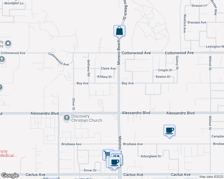 map of restaurants, bars, coffee shops, grocery stores, and more near 27943 Aidan Circle in Moreno Valley