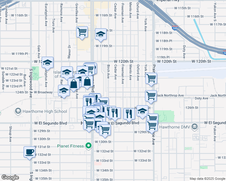 map of restaurants, bars, coffee shops, grocery stores, and more near in Hawthorne