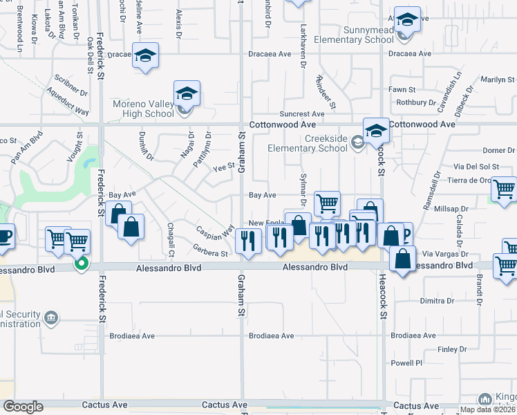 map of restaurants, bars, coffee shops, grocery stores, and more near 13804 Bellcrest Court in Moreno Valley