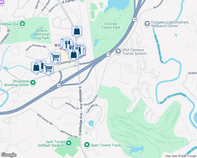 map of restaurants, bars, coffee shops, grocery stores, and more near 2501 Riverbend Road in Athens