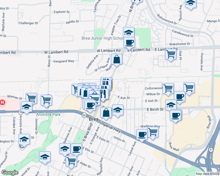 map of restaurants, bars, coffee shops, grocery stores, and more near 158 North Brea Boulevard in Brea