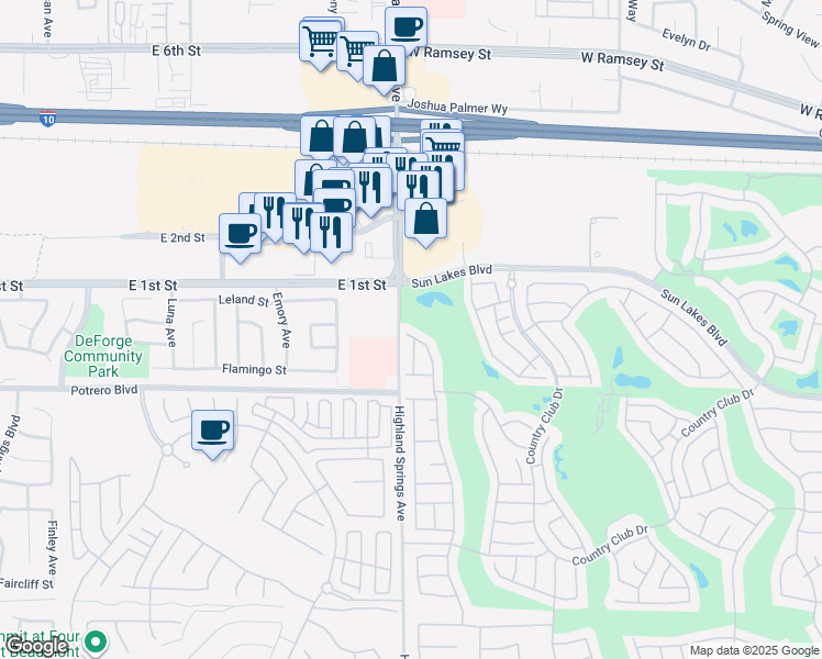 map of restaurants, bars, coffee shops, grocery stores, and more near 552 Pine Valley Road in Banning