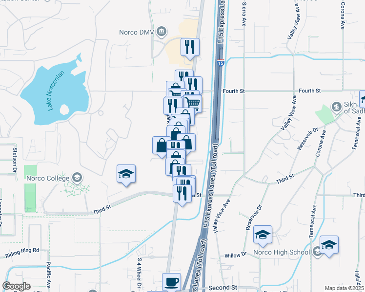 map of restaurants, bars, coffee shops, grocery stores, and more near 2666 Hamner Avenue in Norco