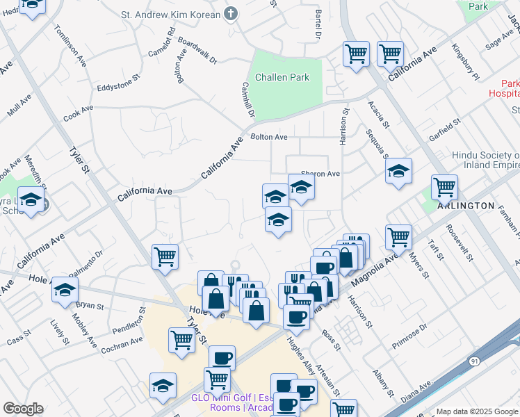 map of restaurants, bars, coffee shops, grocery stores, and more near 10000 County Farm Road in Riverside