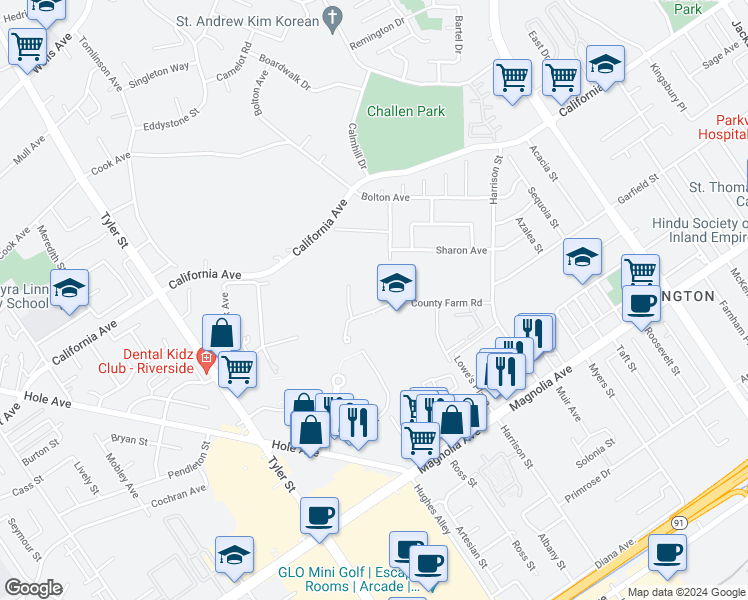 map of restaurants, bars, coffee shops, grocery stores, and more near 10000 County Farm Road in Riverside