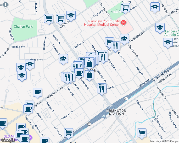 map of restaurants, bars, coffee shops, grocery stores, and more near 9496 Magnolia Avenue in Riverside