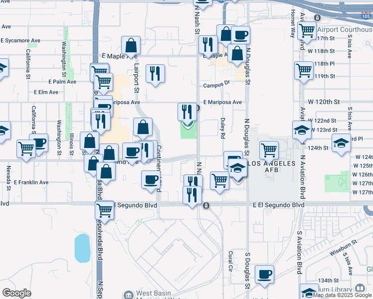 map of restaurants, bars, coffee shops, grocery stores, and more near 2151 East Grand Avenue in El Segundo