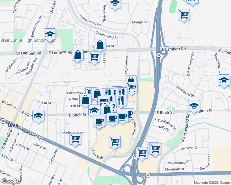 map of restaurants, bars, coffee shops, grocery stores, and more near 931 Willow Drive in Brea