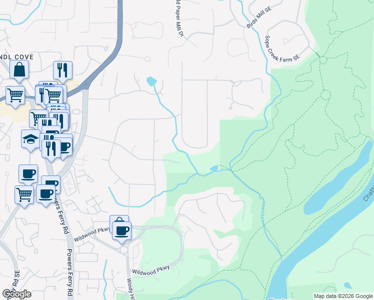 map of restaurants, bars, coffee shops, grocery stores, and more near 1260 Timberland Drive in Marietta