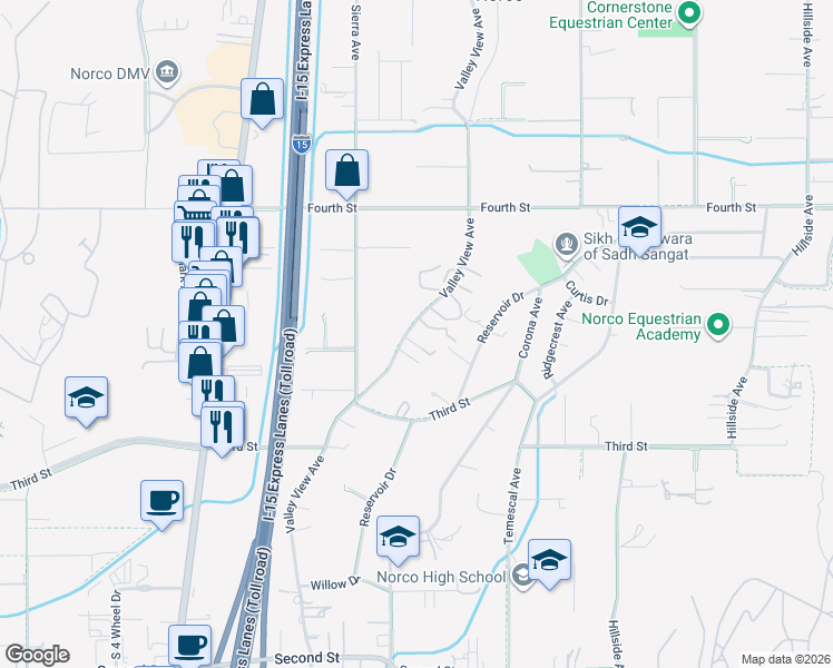 map of restaurants, bars, coffee shops, grocery stores, and more near 2641 Valley View Avenue in Norco