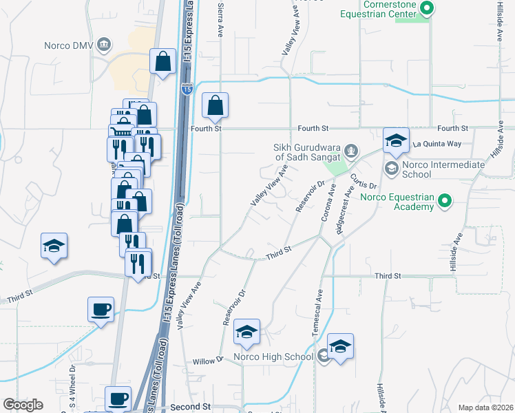 map of restaurants, bars, coffee shops, grocery stores, and more near 2677 Valley View Avenue in Norco