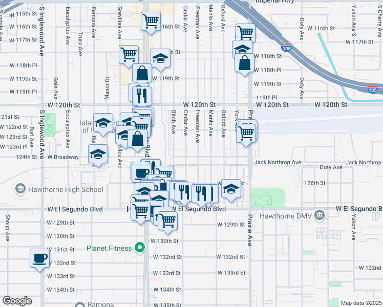 map of restaurants, bars, coffee shops, grocery stores, and more near 12241 Freeman Avenue in Hawthorne