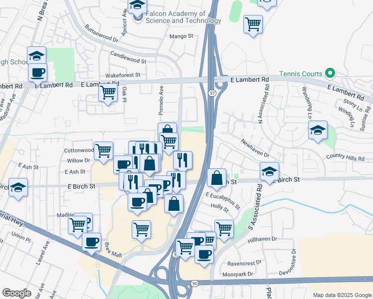 map of restaurants, bars, coffee shops, grocery stores, and more near 130 South State College Boulevard in Brea