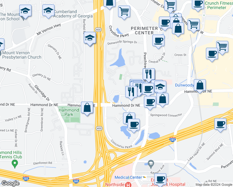 map of restaurants, bars, coffee shops, grocery stores, and more near 990 Hammond Drive in Atlanta
