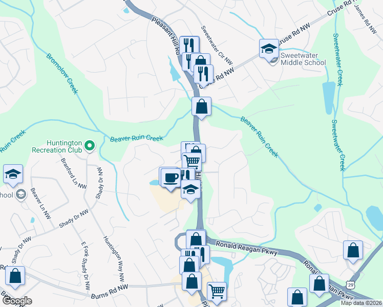 map of restaurants, bars, coffee shops, grocery stores, and more near 805 Pleasant Hill Road in Lilburn