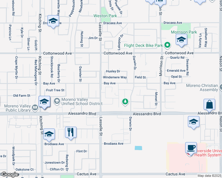 map of restaurants, bars, coffee shops, grocery stores, and more near 26101 Cirrus Lane in Moreno Valley