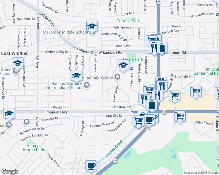 map of restaurants, bars, coffee shops, grocery stores, and more near 2551 West Cajon Drive in La Habra