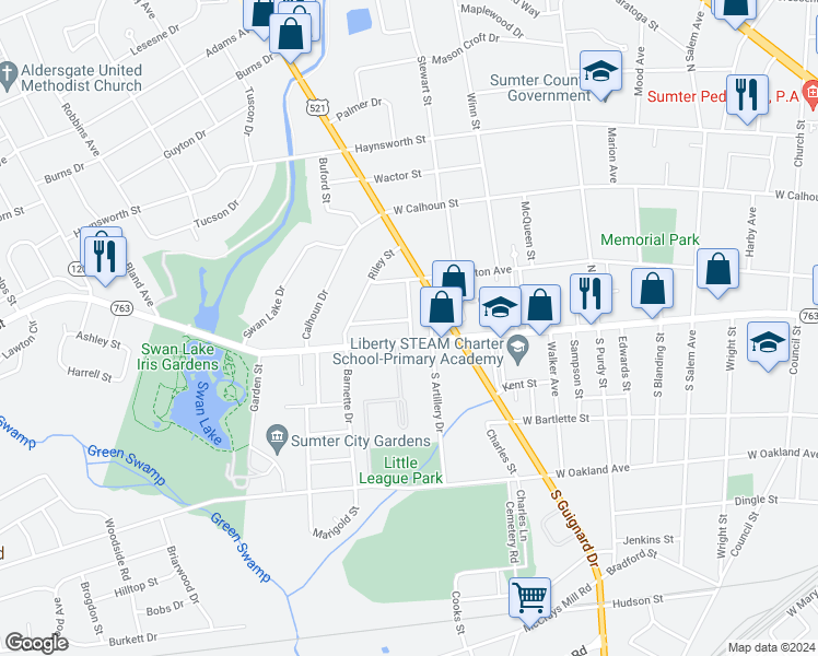 map of restaurants, bars, coffee shops, grocery stores, and more near 2 Sam Smith Street in Sumter