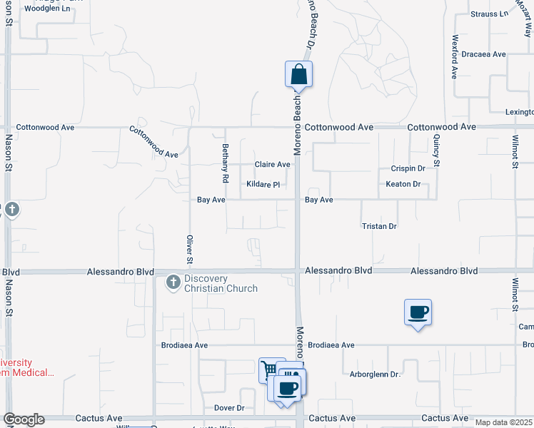 map of restaurants, bars, coffee shops, grocery stores, and more near 13771 Nicholas Way in Moreno Valley