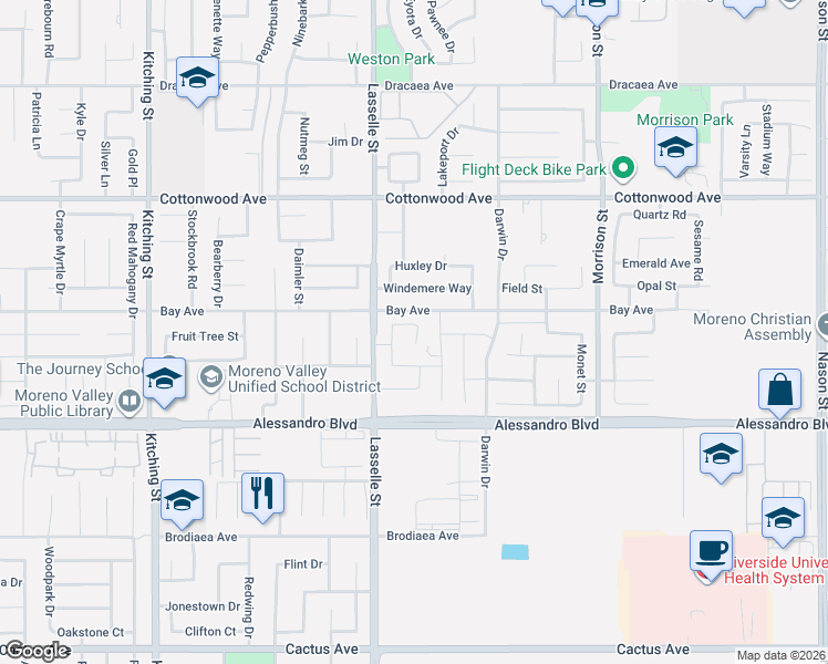 map of restaurants, bars, coffee shops, grocery stores, and more near 26102 Bay Avenue in Moreno Valley