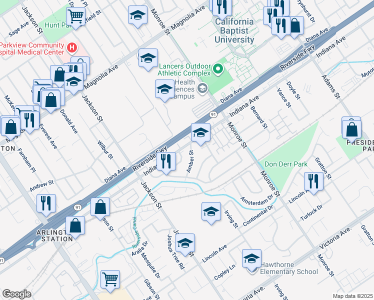 map of restaurants, bars, coffee shops, grocery stores, and more near 8871 Indiana Avenue in Riverside