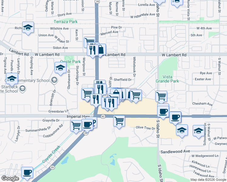 map of restaurants, bars, coffee shops, grocery stores, and more near 919 Glencliff Road in La Habra