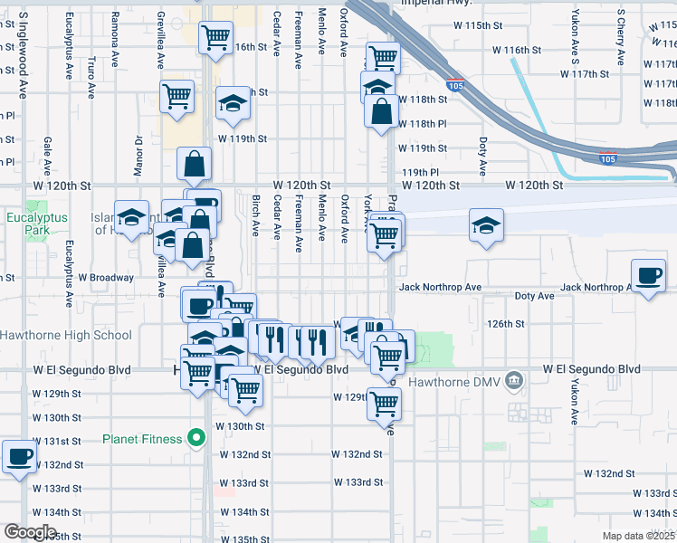 map of restaurants, bars, coffee shops, grocery stores, and more near 4117 West Broadway in Hawthorne