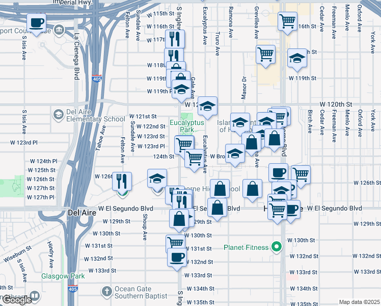 map of restaurants, bars, coffee shops, grocery stores, and more near 12323 Gale Avenue in Hawthorne