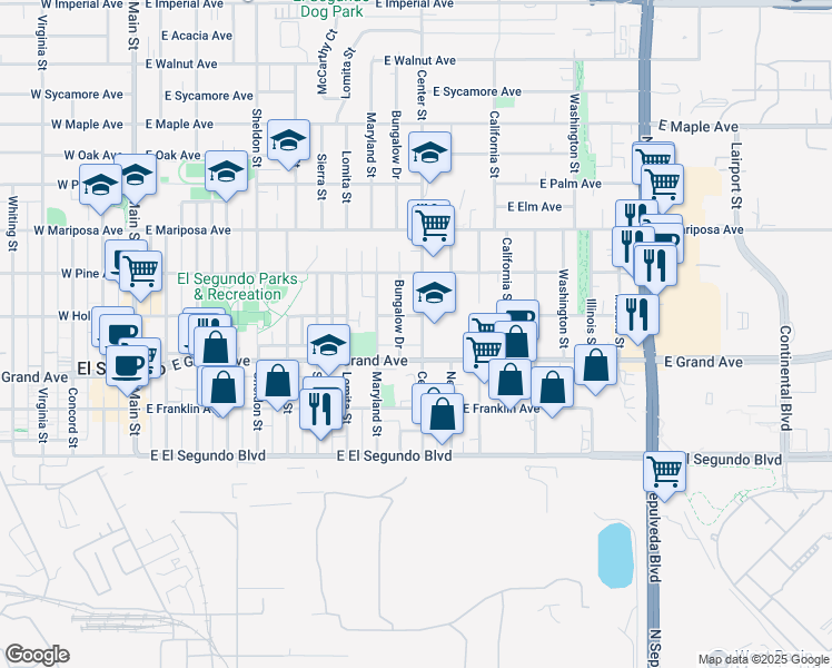 map of restaurants, bars, coffee shops, grocery stores, and more near 400 Bungalow Drive in El Segundo