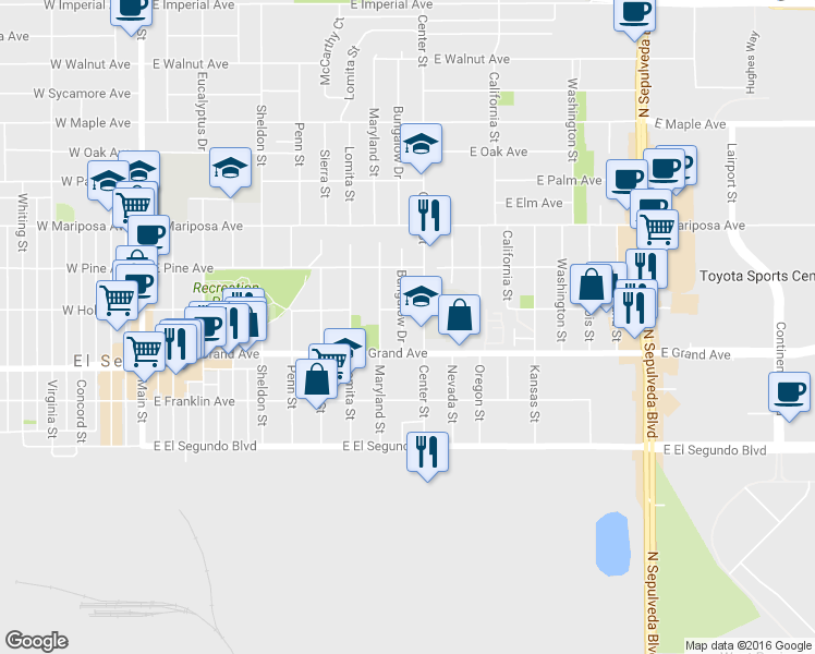 map of restaurants, bars, coffee shops, grocery stores, and more near 400 Bungalow Drive in El Segundo