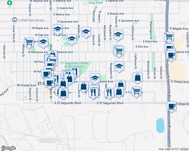 map of restaurants, bars, coffee shops, grocery stores, and more near 707 East Holly Avenue in El Segundo