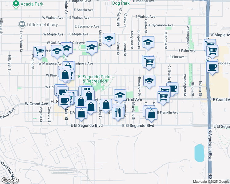 map of restaurants, bars, coffee shops, grocery stores, and more near 707 East Holly Avenue in El Segundo