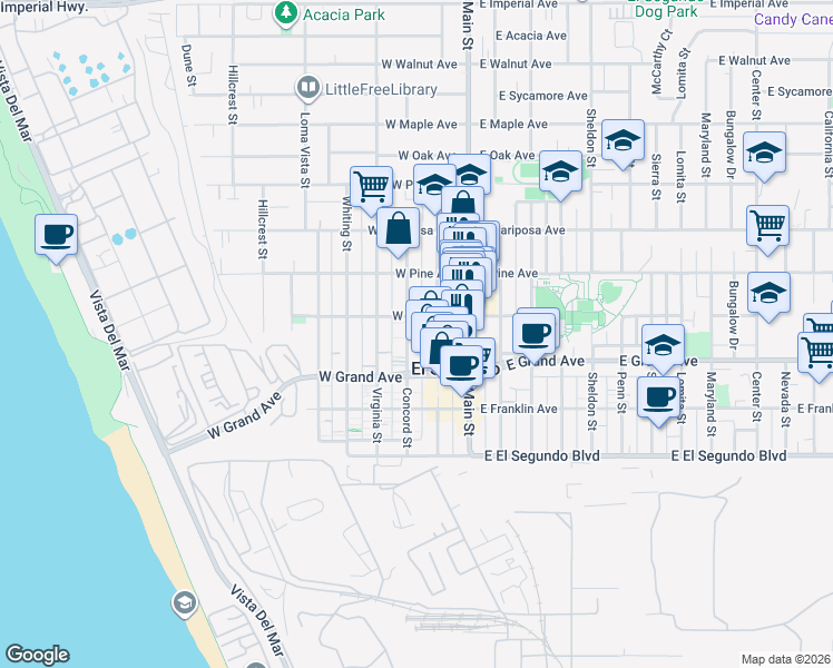 map of restaurants, bars, coffee shops, grocery stores, and more near 401 Richmond Street in El Segundo