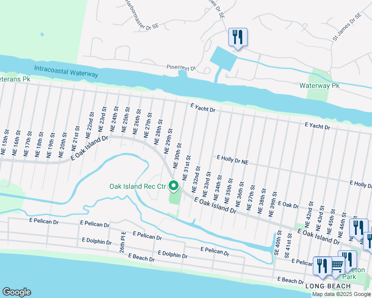map of restaurants, bars, coffee shops, grocery stores, and more near 129 Northeast 31st Street in Oak Island