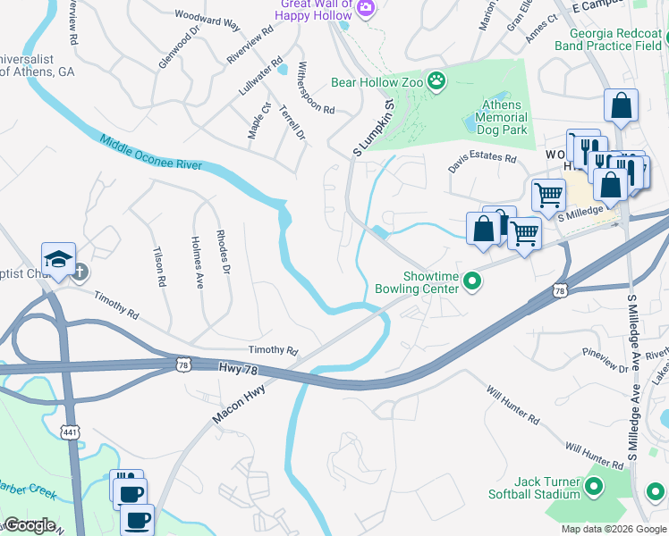 map of restaurants, bars, coffee shops, grocery stores, and more near 221 Hamilton Road in Athens