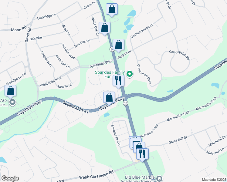 map of restaurants, bars, coffee shops, grocery stores, and more near 760 Old Johnson Road in Lawrenceville