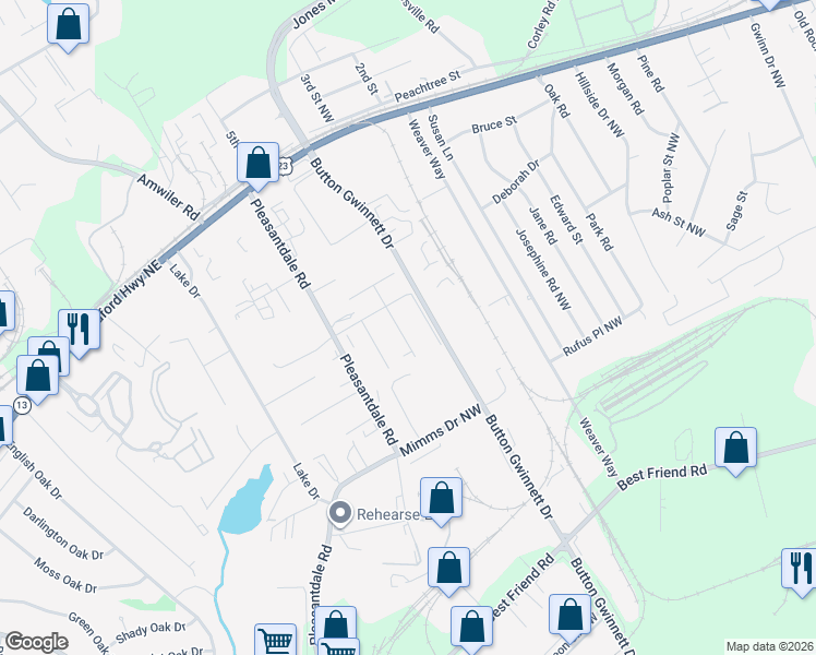 map of restaurants, bars, coffee shops, grocery stores, and more near 6443 Manning Street Northwest in Doraville