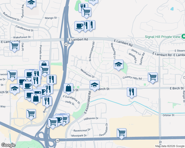 map of restaurants, bars, coffee shops, grocery stores, and more near 157 Waterfall Lane in Brea