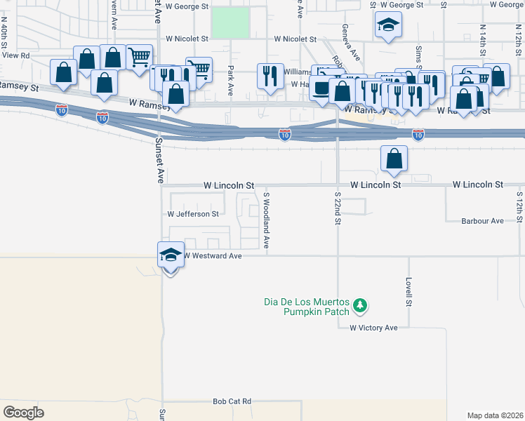 map of restaurants, bars, coffee shops, grocery stores, and more near in Banning