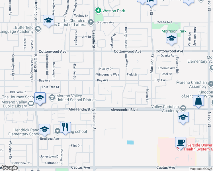 map of restaurants, bars, coffee shops, grocery stores, and more near 13776 Westwind Lane in Moreno Valley