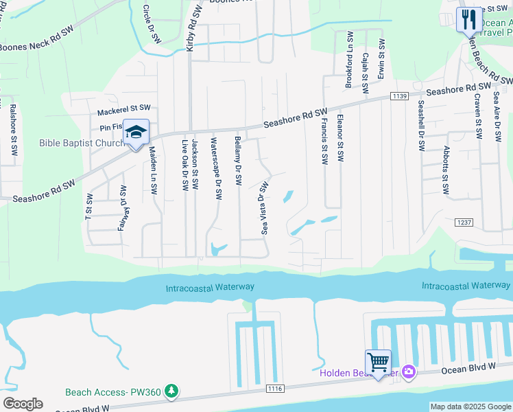 map of restaurants, bars, coffee shops, grocery stores, and more near 2687 Sea Vista Drive Southwest in Brunswick County