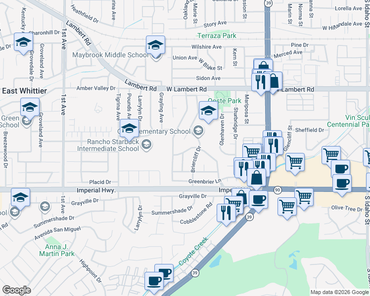 map of restaurants, bars, coffee shops, grocery stores, and more near 2551 West Cajon Drive in La Habra
