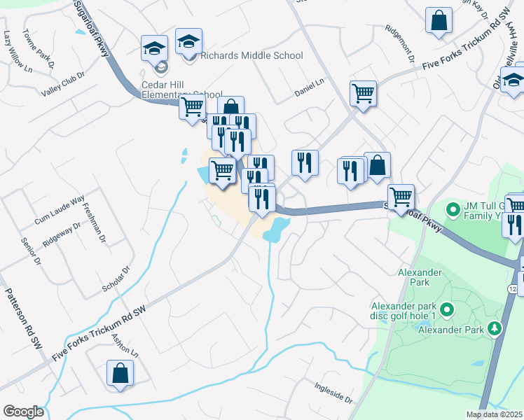 map of restaurants, bars, coffee shops, grocery stores, and more near 1400 Five Forks Trickum Road Southwest in Lawrenceville