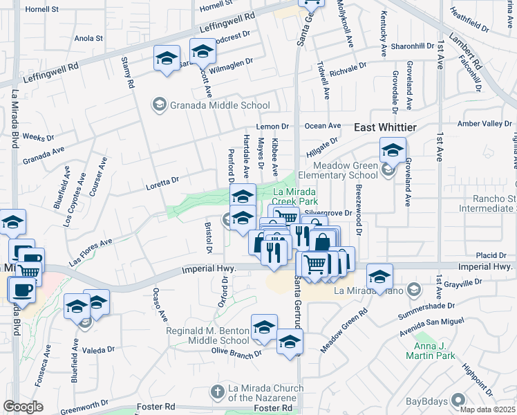map of restaurants, bars, coffee shops, grocery stores, and more near 15665 Surrey Lane in La Mirada