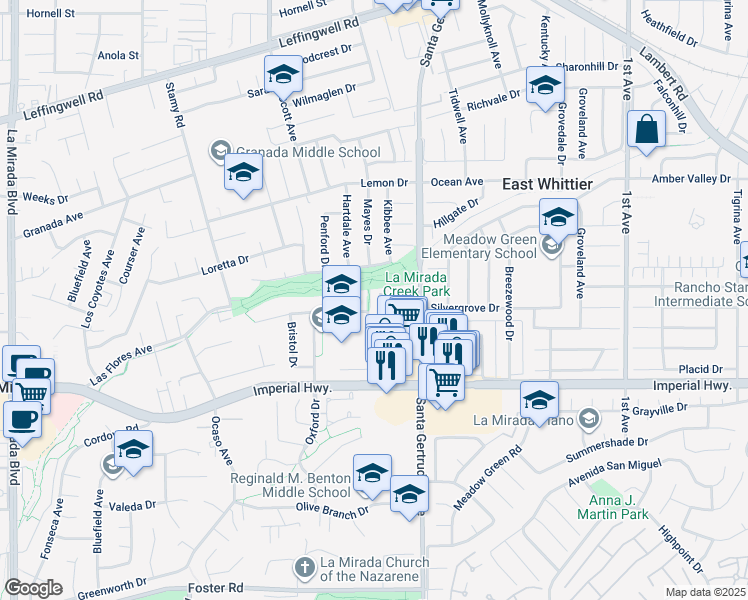 map of restaurants, bars, coffee shops, grocery stores, and more near 12203 Santa Gertrudes Avenue in La Mirada