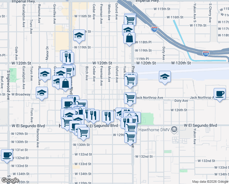map of restaurants, bars, coffee shops, grocery stores, and more near 4117 West Broadway in Hawthorne