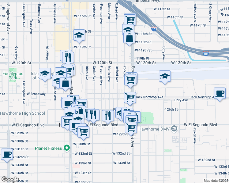 map of restaurants, bars, coffee shops, grocery stores, and more near 4117 West Broadway in Hawthorne