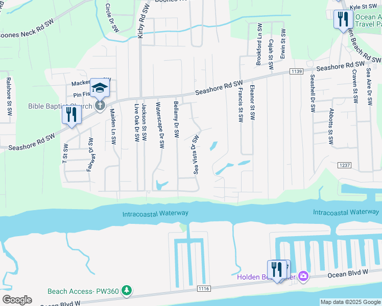 map of restaurants, bars, coffee shops, grocery stores, and more near 2687 Sea Vista Drive Southwest in Brunswick County