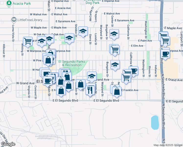 map of restaurants, bars, coffee shops, grocery stores, and more near 330 Sierra Street in El Segundo